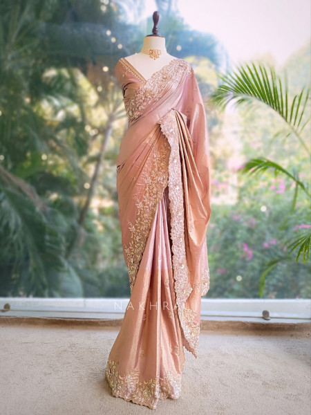 Elysian Glow Pink Tissue Dola Silk Saree with Zardozi Embroidery