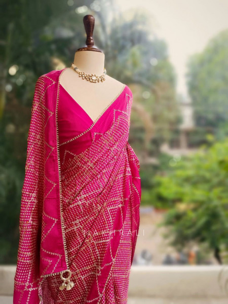Rimaya Rani Pink Bandhani Saree with Gota Border