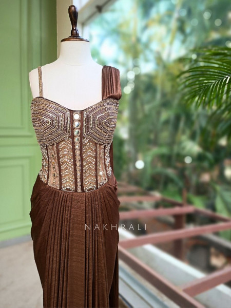 Sohvi Brown Drape Gown with Bead, Sequin, Cut Dana and Mirror Work