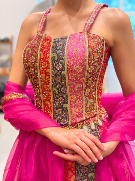 Rosmira Multicolor Brocade Corset Lehenga with Zari Sequin Work
