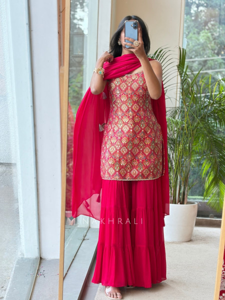 Heera Bottle Magenta Banarasi Brocade & Crushed Georgette Palazzo Suit Set