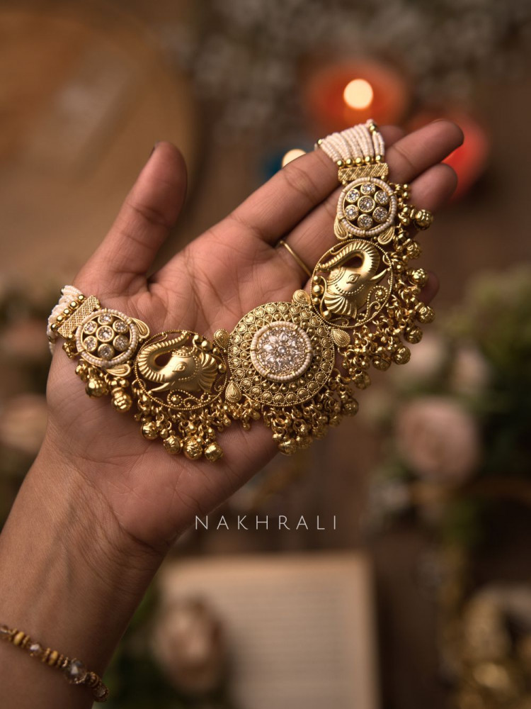 Image of Devika Temple Choker Set with Matching Jhumkas