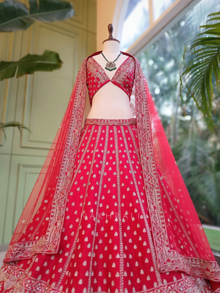 Kimkhab Red Gajji Silk Unstitched Bridal Lehenga