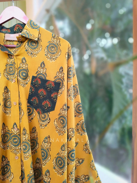 Banjara Mustard Cotton Oversized Shirt with Mandala Block Print