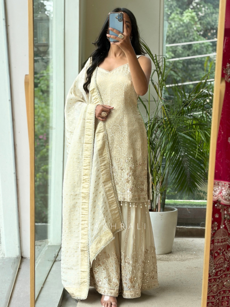 Image of Moti And Meera Cream Banarasi Silk Brocade Palazzo Suit Set