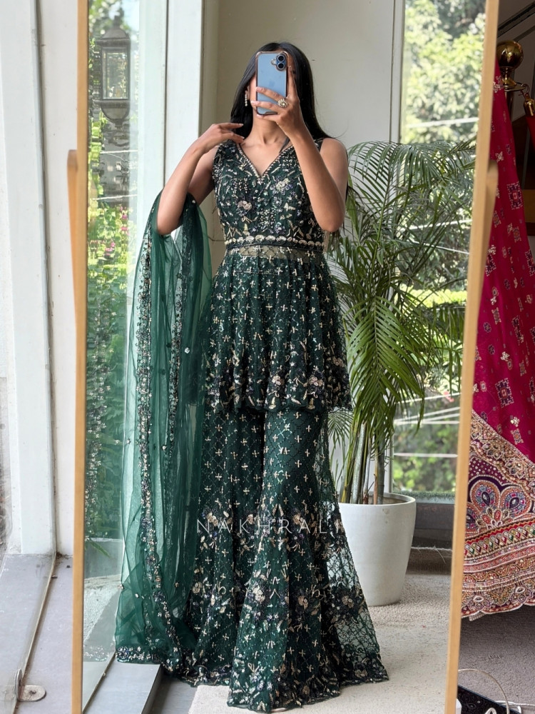 Image of Sylvara Green Indo Western Palazzo Set