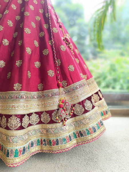 Gulaal Durbar Maroon Raw Silk Lehenga Set  With Zardozi Floral & Meenakari Border Work