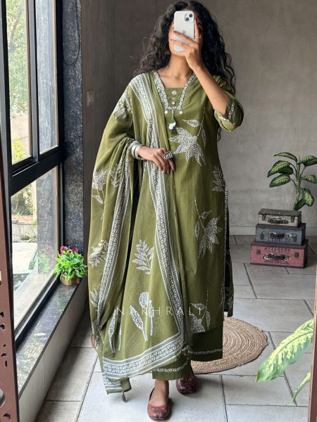 Mrittika Green Printed Suit Set with Dupatta