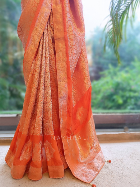 Noor-e-Kashi Katan Silk Orange  Saree With Banarasi Zari Brocade Weave