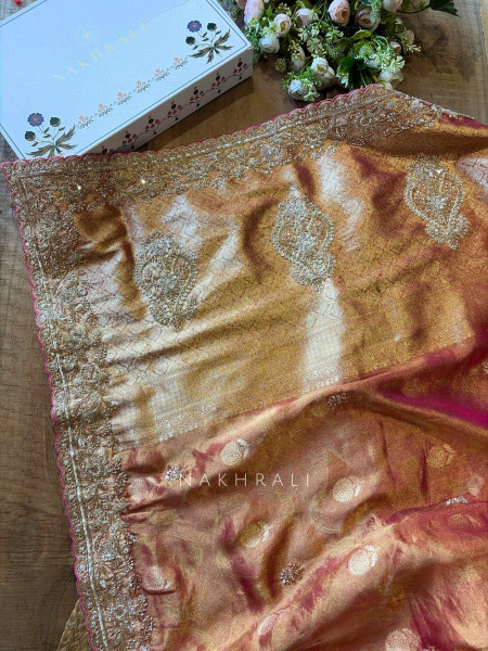 Trivana  Onion Pink Gold Brocade Saree with Cut Dana and Sequin Work