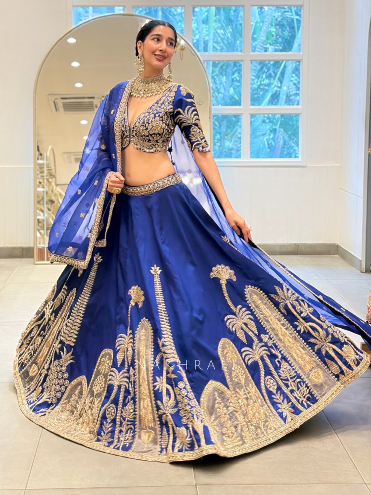 Image of Oasis Royal Blue Silk Satin Lehenga