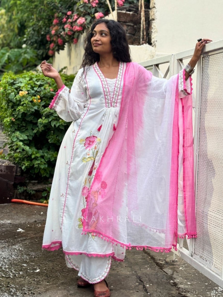 Saanvi White Pink Cotton Suit Set with Floral Embroidery