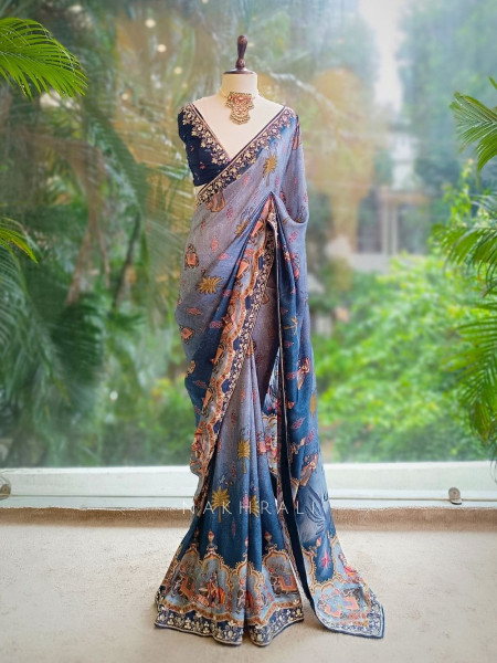 Meira Ocean Blue Printed Saree with Gota Embroidery