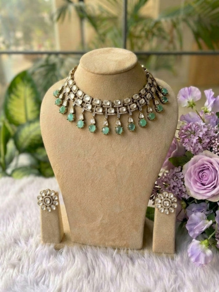 Rivanya Sea Green Necklace Set With Crystal and Drop Stone Detail