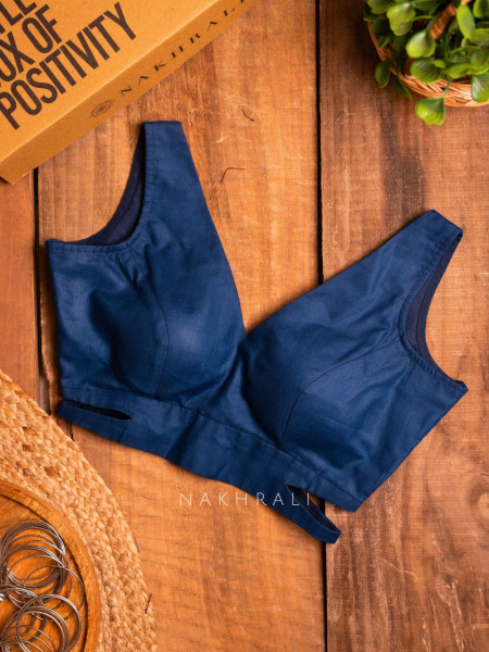 Bombshell Navy Blue Readymade Blouse with V-Neckline