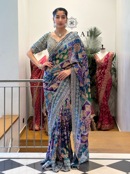 Tamaswini Blue Crepe Saree with Stone, Zari & Sequin Work