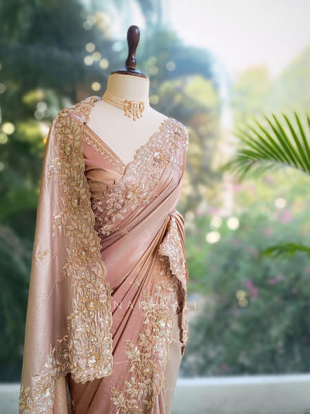 Elysian Glow Pink Tissue Dola Silk Saree with Zardozi Embroidery