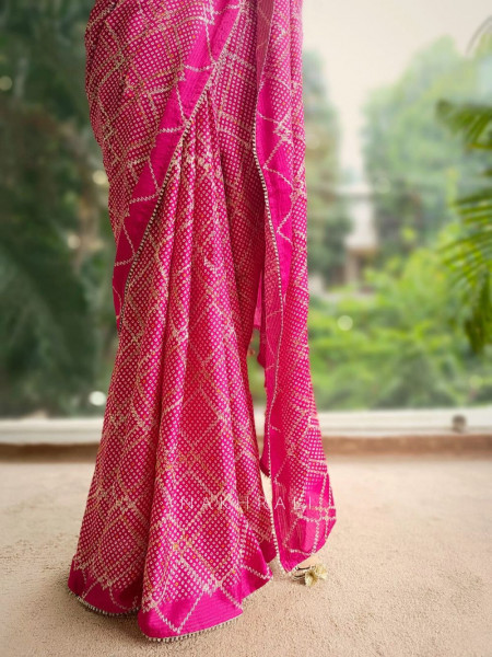 Rimaya Rani Pink Bandhani Saree with Gota Border