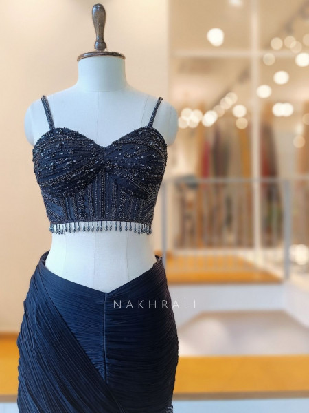 Shailja Blue Georgette Pre-Draped Saree Set with Sequin Bustier
