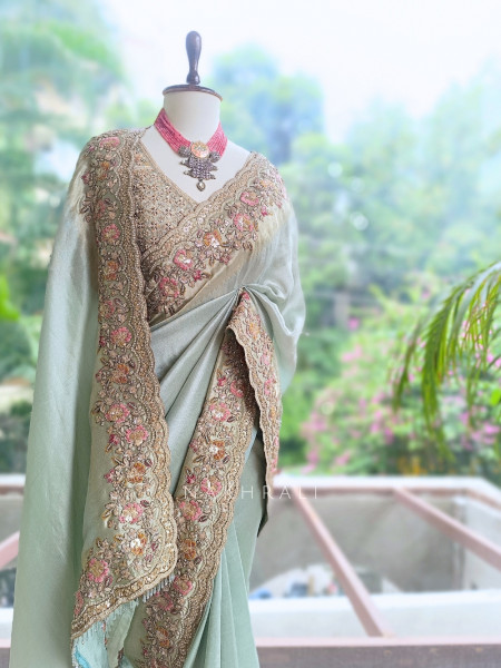Osh Sky Blue Metallic Tissue Silk Saree with Readymade Blouse