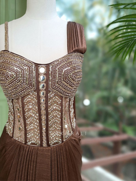Sohvi Brown Drape Gown with Bead, Sequin, Cut Dana and Mirror Work