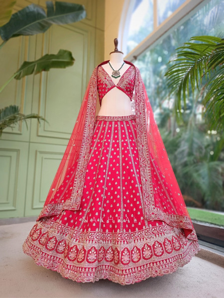 Kimkhab Red Gajji Silk Unstitched Bridal Lehenga
