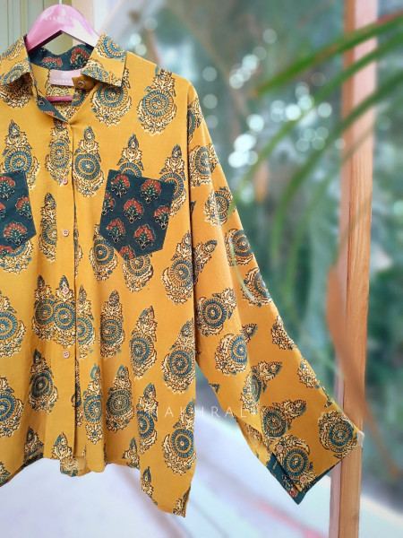 Banjara Mustard Cotton Oversized Shirt with Mandala Block Print