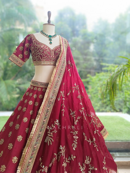 Gulaal Durbar Maroon Raw Silk Lehenga Set  With Zardozi Floral & Meenakari Border Work