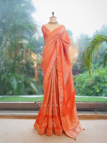 Noor-e-Kashi Katan Silk Orange  Saree With Banarasi Zari Brocade Weave