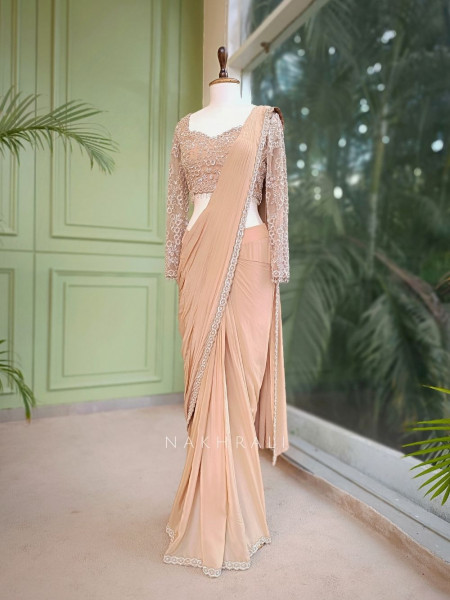 Taupe Allure Brown Drape Saree with Sequin Cut Dana Blouse