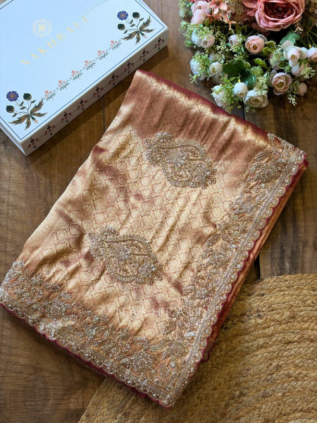 Trivana  Onion Pink Gold Brocade Saree with Cut Dana and Sequin Work