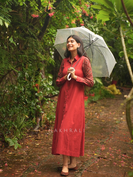 Sahir Red Cotton Button-Down Dress