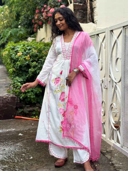 Saanvi White Pink Cotton Suit Set with Floral Embroidery