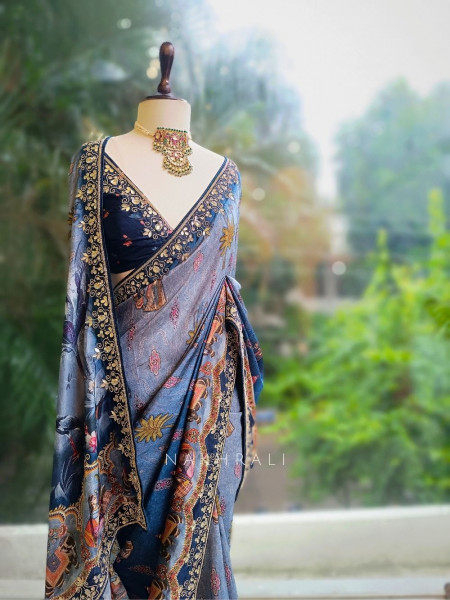 Meira Ocean Blue Printed Saree with Gota Embroidery