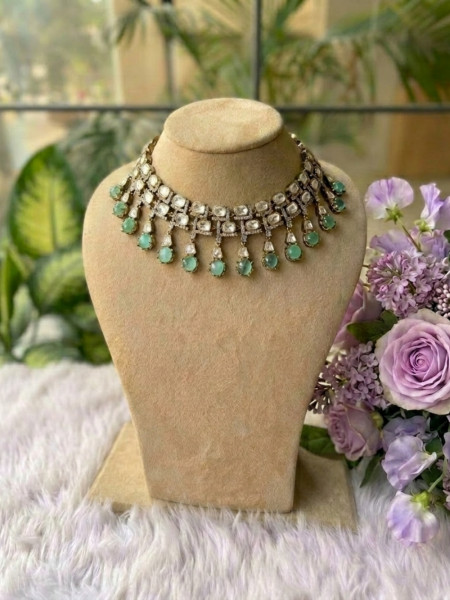 Rivanya Sea Green Necklace Set With Crystal and Drop Stone Detail
