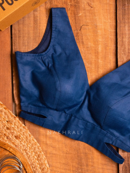 Bombshell Navy Blue Readymade Blouse with V-Neckline