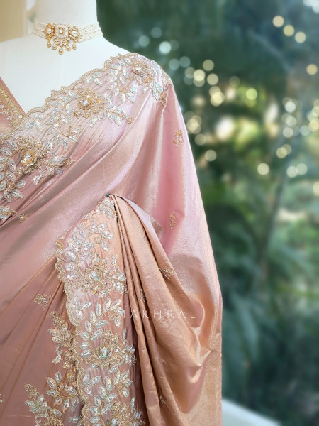 Elysian Glow Pink Tissue Dola Silk Saree with Zardozi Embroidery