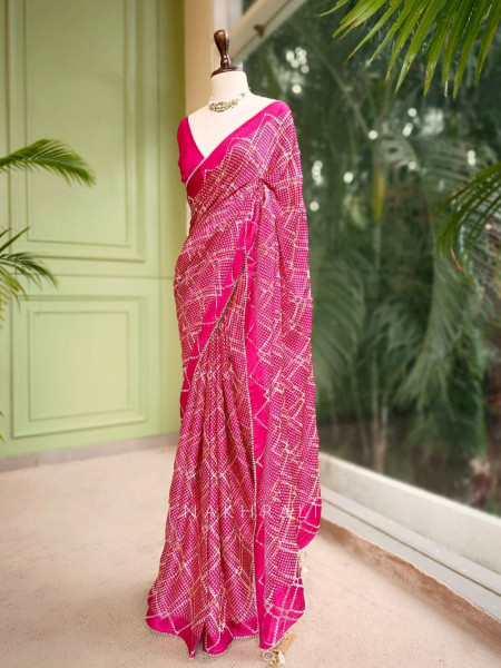 Rimaya Rani Pink Bandhani Saree with Gota Border