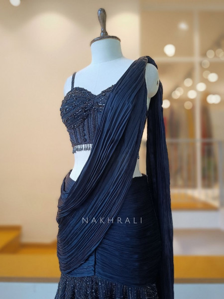 Shailja Blue Georgette Pre-Draped Saree Set with Sequin Bustier