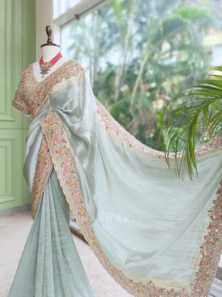 Osh Sky Blue Metallic Tissue Silk Saree with Readymade Blouse