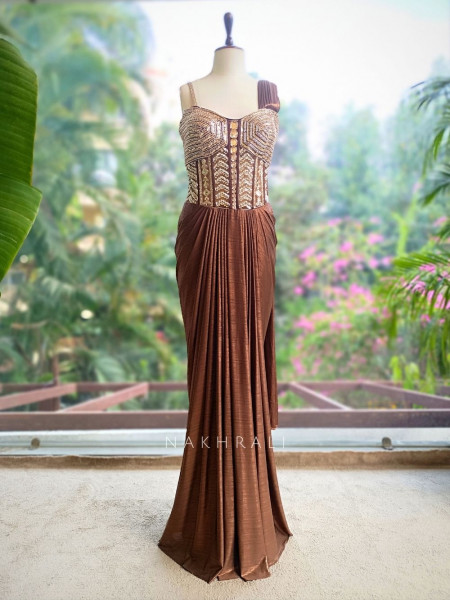 Sohvi Brown Drape Gown with Bead, Sequin, Cut Dana and Mirror Work