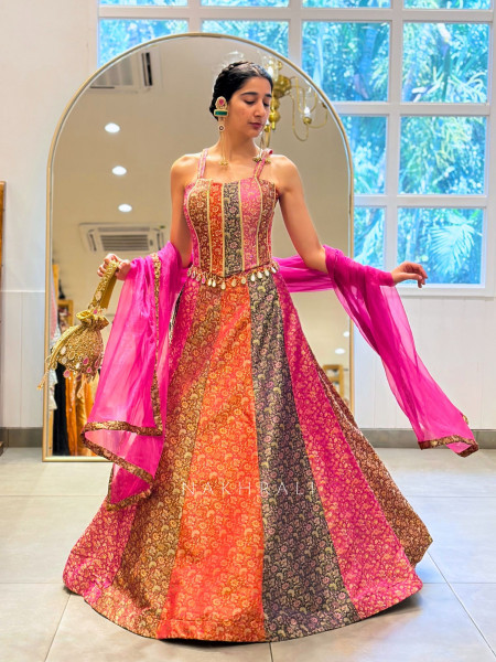 Rosmira Multicolor Brocade Corset Lehenga with Zari Sequin Work