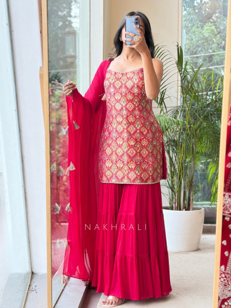 Heera Bottle Magenta Banarasi Brocade & Crushed Georgette Palazzo Suit Set