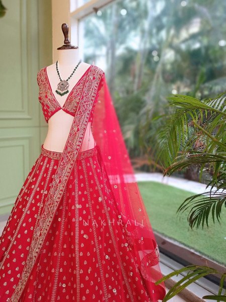 Kimkhab Red Gajji Silk Unstitched Bridal Lehenga
