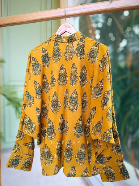 Banjara Mustard Cotton Oversized Shirt with Mandala Block Print