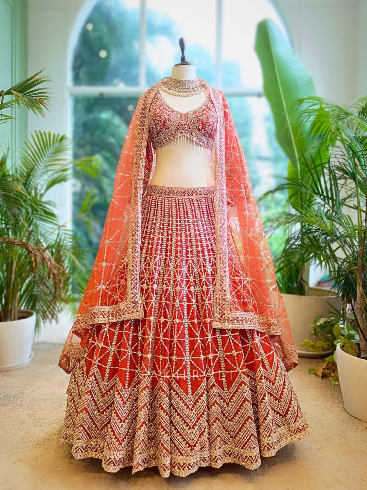 Image of Kaira Orange Mirror Work Silk Lehenga