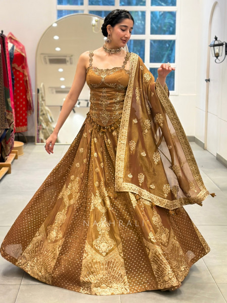 Surmayi Brown Tissue Silk Indo-Western Lehenga