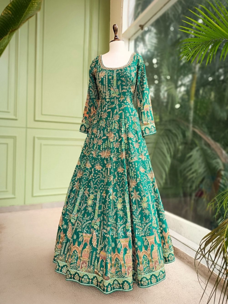 Image of Aadhira Emerald Green Anarkali with Cut Dana and Sequin Zari Work