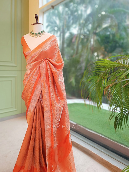 Noor-e-Kashi Katan Silk Orange  Saree With Banarasi Zari Brocade Weave