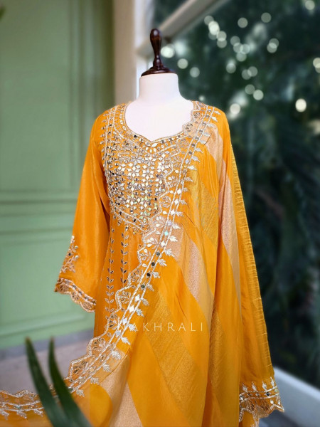 Tanira Mustard Mirror Work Anarkali Set with Embroidered Dupatta